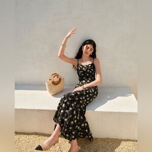 Commense Women’s XS Floral Ruffle Black long Hem dress